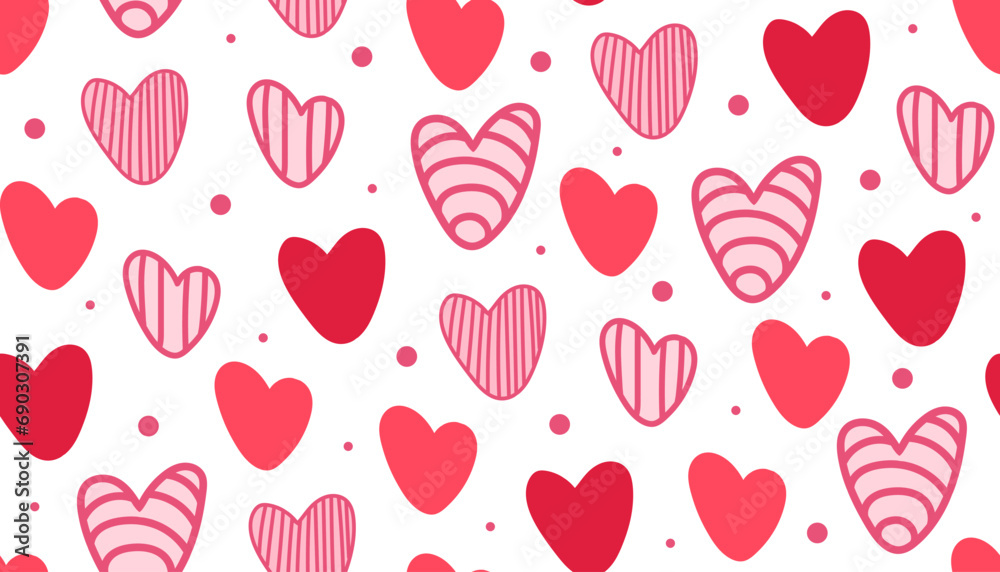 Hand draw Valentine's Day seamless pattern of hearts in doodle style. Pink and red colors.Vector. Hand draw Valentine's Day seamless pattern of hearts in doodle style. Pink and red colors.Vector.