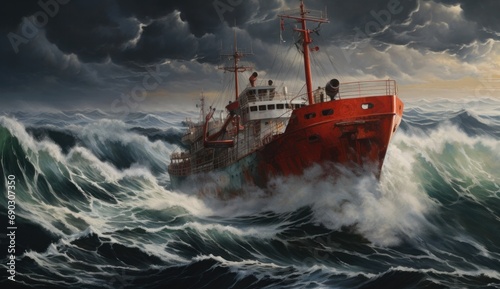 Ship Battling Rough Sea Under Stormy Skies