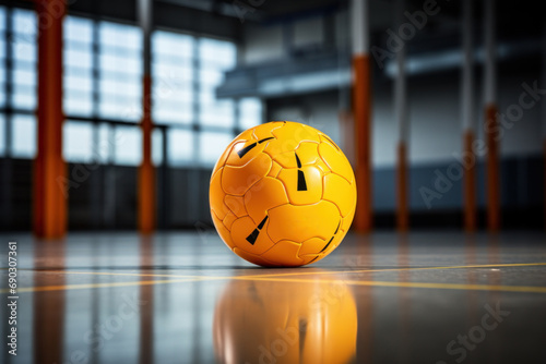 Equipment used in korfball, orange soccer ball on polished wooden gymnasium floor. Ball features black pentagons