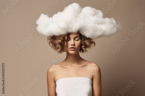 Head in the Clouds. A girl with a cloud on her head against a beige background. Concept of wandering thoughts.