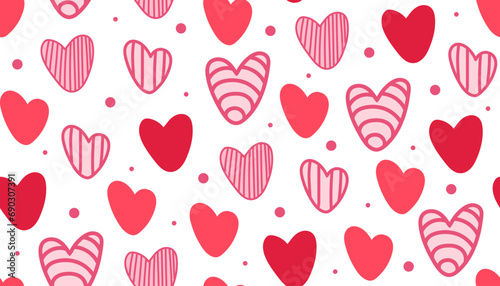 Hand draw Valentine's Day seamless pattern of hearts in doodle style. Pink and red colors.Vector.
