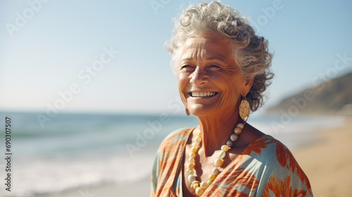 lady over 60 years old, smiling, happy, free, with a background of a beach photo