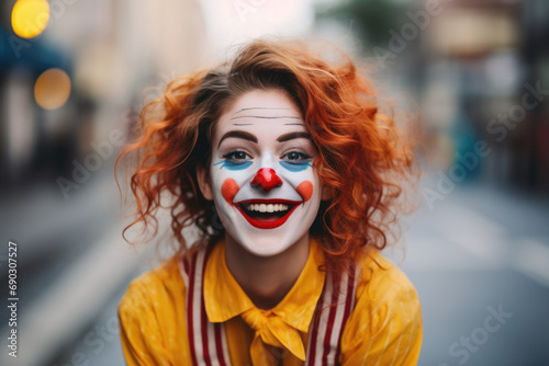 Cheerful Clown-Faced Woman with Red Hair in Urban Setting