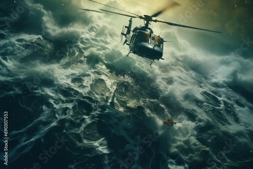 Helicopter Above Stormy Ocean Waves
