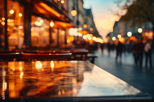 Unfocused cafes, buildings and people. Blurred out of focus background. View of the city with lights in the evening, beautiful bokeh and blur of the city. Street traffic