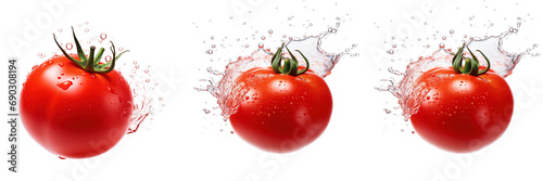Collection of Juicy red tomatoes in water splash, isolated against a white background
