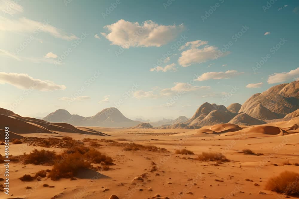 Golden desert dunes under a vast blue sky with wispy clouds, surrounded by rugged mountains. Golden desert dunes under a vast blue sky with wispy clouds, surrounded by rugged mountains.