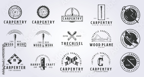 big bundle of carpentry tools logo vector illustration design, vintage style logo design photo