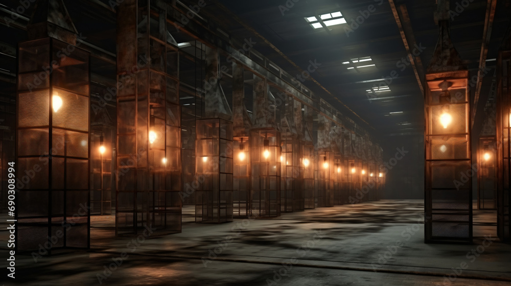 3d rendering of abstract industrial hall with rusty