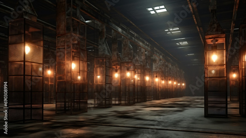 3d rendering of abstract industrial hall with rusty