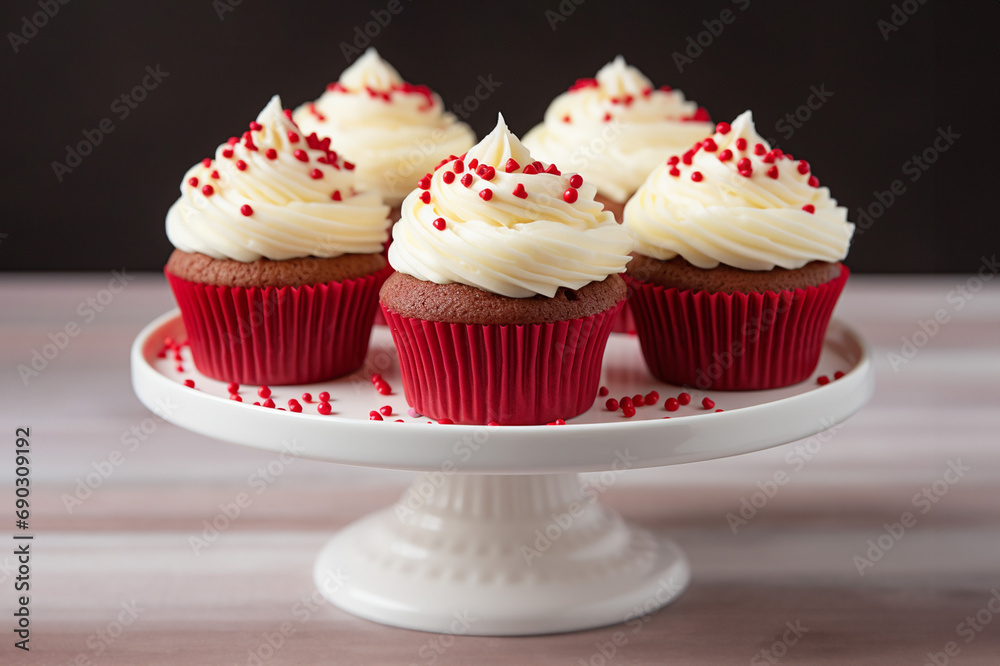 Red velvet cupcakes with cream cheese frosting and sprinkles on the top. Valentine's Day concept. 