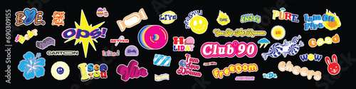 Cool best Stickers Vector Pack. Set of Trendy Groovy Patches. Pop Art Smile Emoji Labels. Vaporwave 2000s Graphics.