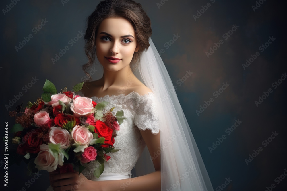 Naklejka premium Portrait of a woman in a wedding dress Beautiful bride holding a bouquet of flowers poses and smiles on her wedding day.