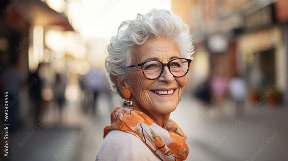 lady over 60 years old, smiling, happy, free, with a background of a street lady over 60 years old, smiling, happy, free, with a background of a street