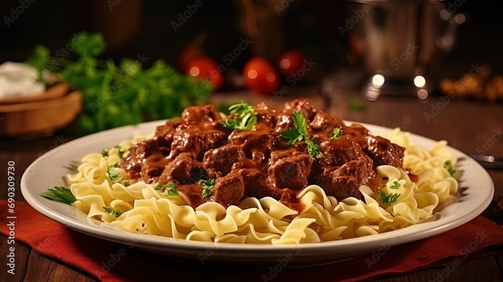 Paste in the Hungarian goulash: combination of meat and pasta - obrazy, fototapety, plakaty 