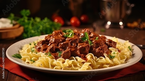 Paste in the Hungarian goulash: combination of meat and pasta photo