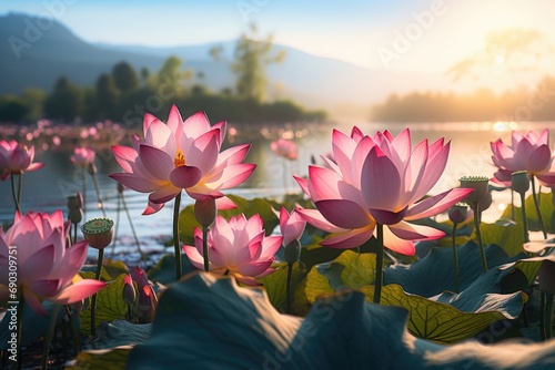 pink lotus flowers on a lake