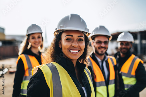 A group of smiling engineers and professionals wearing hard hats and helmets on a construction site
