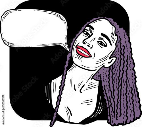 Beautiful young woman talk. Empty speech bubble for sale promotion, text background, quotes. Hand drawn illustration, cartoon comic style vector.