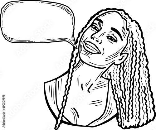 Beautiful young woman talk. Empty speech bubble for sale promotion, text background, quotes. Hand drawn illustration, cartoon comic style vector.