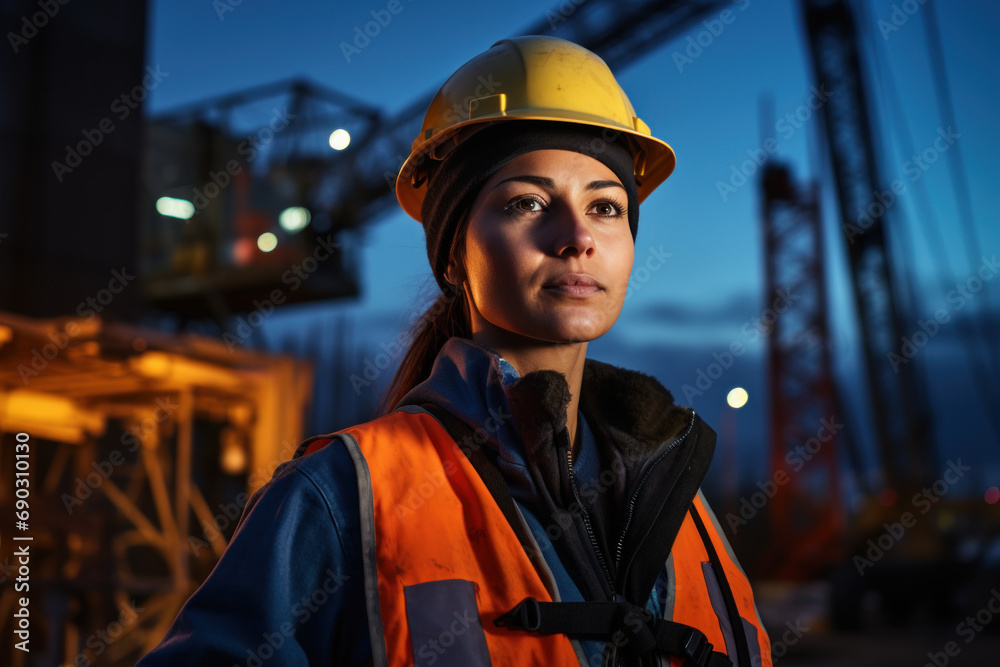 An image of a female engineer or construction worker wearing a hard hat and high visibility vest against the backdrop of a towering construction crane taken at dusk. An image of a female engineer or construction worker wearing a hard hat and high visibility vest against the backdrop of a towering construction crane taken at dusk.