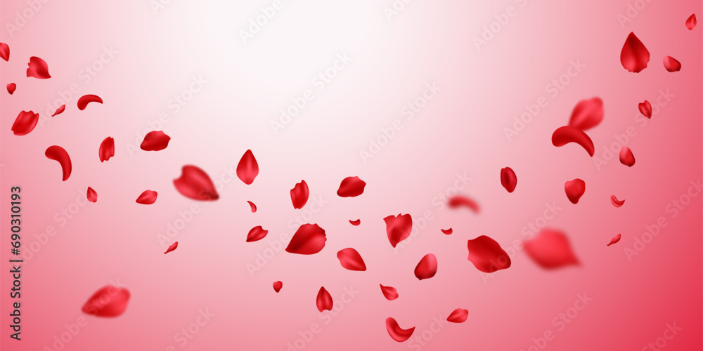 Red rose petals will fall on abstract floral background. Rose petal greeting card design. Lettering Card Background. Vector illustration Red rose petals will fall on abstract floral background. Rose petal greeting card design. Lettering Card Background. Vector illustration