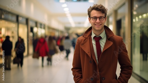 Happy young white man in an elegant clothes coat on sale in the mall generative ai