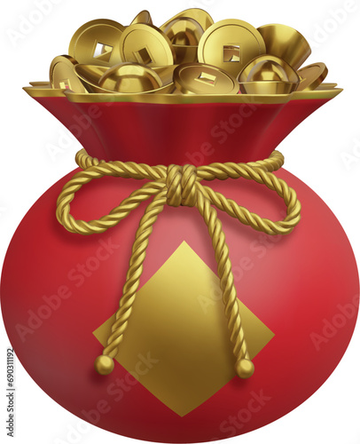 chinese lucky bag with gold coins and ingots. red bag with gold ribbon. chinese new year 3d lucky bag realistic vector