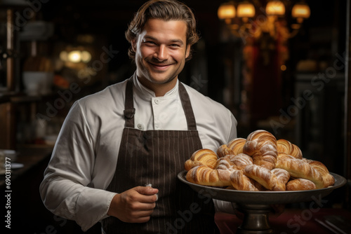 A selfportrait of a baker holding a tray of freshly baked croissants with a satisfied smile on