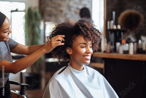 African American Woman Getting Her Hair Done In Salon photo