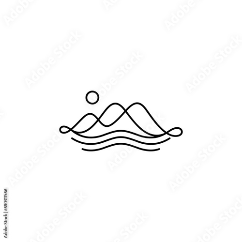 mountains and waves with sunlight logo design line art
