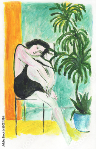 woman with plants. watercolor painting. illustration