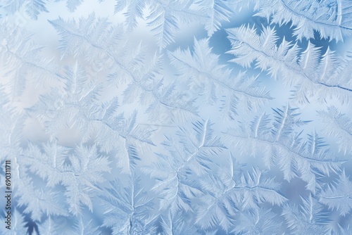 Beautiful Frost Patterns On Window Pane Against Sky. Сoncept Winter Wonderland, Frozen Beauty, Nature's Artwork, Window Pane Delights