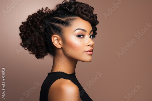 Beautiful Black Woman With Curly Braids And Bun. Сoncept Nature-Inspired Photoshoot, Bohemian Vibes, Urban Street Style, Glamorous Evening Look