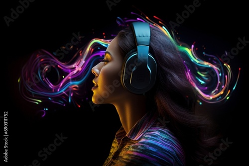 Harmony Unleashed: Woman Wearing Headphones, Embracing the Dynamic Flow of Music in Vibrant Colors