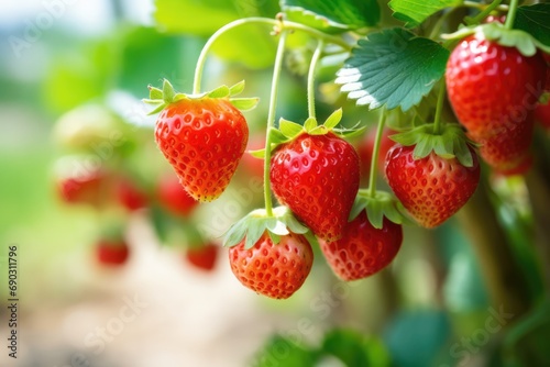 Branch With Natural Strawberries On Blurred Strawberry Field Background