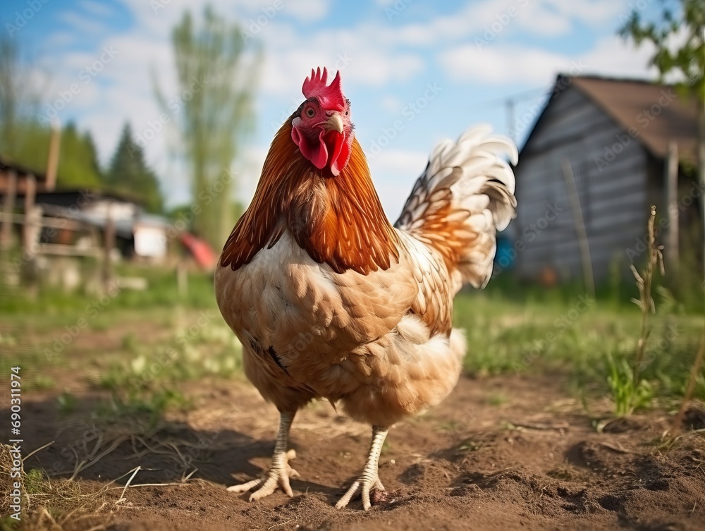 A proud rooster stands tall on the farm, with a blurred barn in the background, a picture of free-range life.
