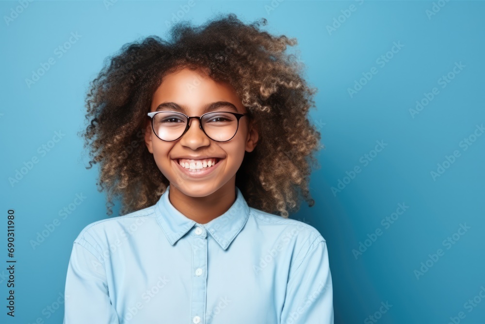 Curly Blond Girl With Glasses On Blue Background. Сoncept Summer Beach Vibes, Tropical Fruit Smoothies, Sandcastle Building Contest