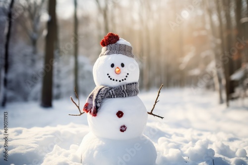 Closeup Of Funny Laughing Snowman In Winter Forest © Anastasiia