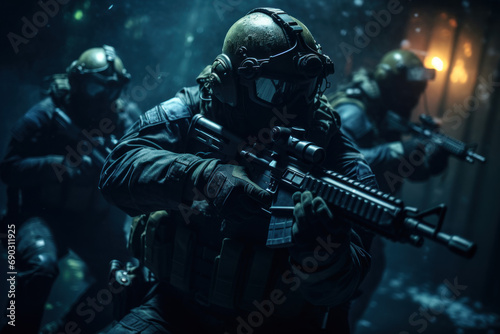 A team of military special forces infiltrating a high security facility using night vision goggles and suppressed firearms