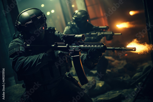 A team of military special forces infiltrating a high security facility using night vision goggles and suppressed firearms