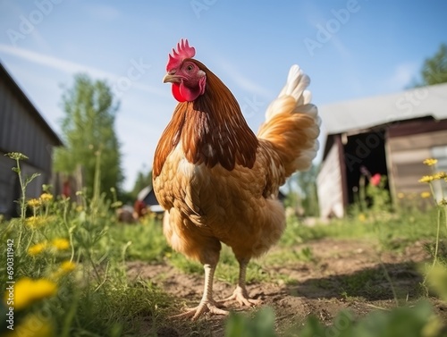 A proud rooster stands tall on the farm  with a blurred barn in the background  a picture of free-range life.
