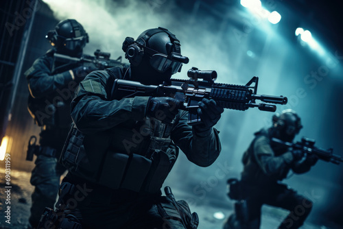 A team of military special forces infiltrating a high security facility using night vision goggles and suppressed firearms