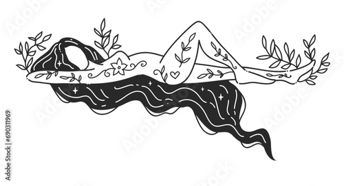Girl lying. Self care Feminine vector Illustrations. Mental Healthcare. The woman Balance harmony. Card, valentines card. Doodle style