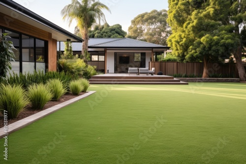 Contemporary Lawn Turf With Wooden Edging In Front Yard © Anastasiia