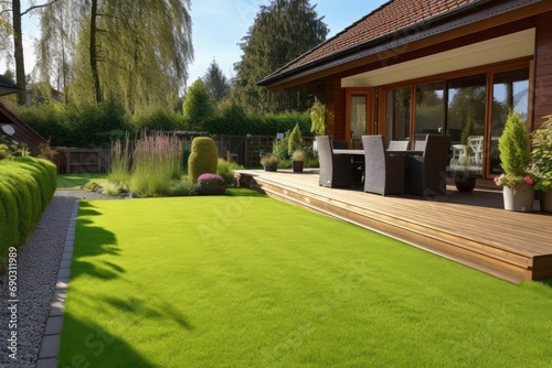 Contemporary Lawn Turf With Wooden Edging In Front Yard. Сoncept Modern Landscape Design, Natural Turf Installation, Diy Wooden Edging, Front Yard Makeover, Outdoor Home Improvement