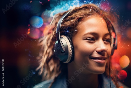 Woman wearing headphones Sonic Symphony: Woman Feeling the Rhythm, Wrapped in Vibrant Color Vibes and Abstract Digital Lights