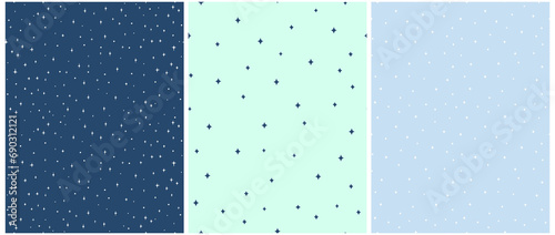 Tiny Stars Seamless Vector Patterns.Irregular Hand Drawn Simple Starry Print for Fabric, Wrapping Paper. Infantile Style Galaxy Design. Little Stars Isolated on a Dark Blue, Light Blue Background.RGB.