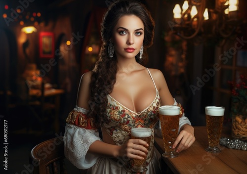 Oktoberfest waitress wearing a traditional Bavarian corset with beer