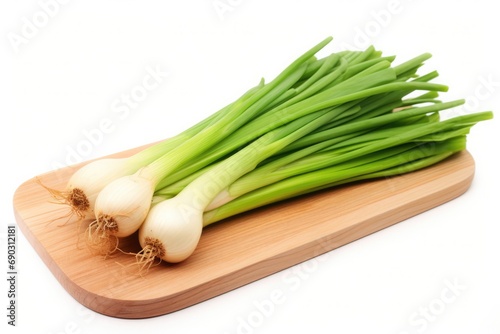 Fresh Green Onions On Wooden Kitchen Board Isolated On White Backgroung